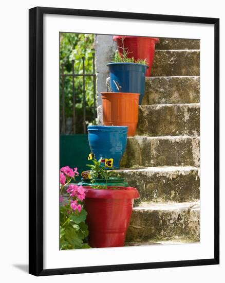 Staircase with Flower Planters, Fiskardo, Kefalonia, Ionian Islands, Greece-Walter Bibikow-Framed Photographic Print