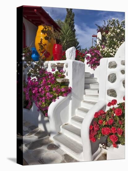 Stairs and Flowers, Chora, Mykonos, Greece-Adam Jones-Stretched Canvas