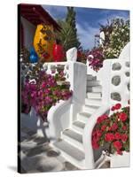 Stairs and Flowers, Chora, Mykonos, Greece-Adam Jones-Stretched Canvas