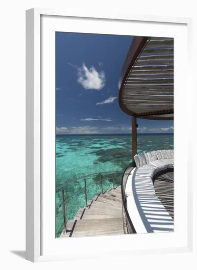 Stairs to the Beach and Sofa Overlooking the Ocean, Maldives, Indian Ocean-Sakis Papadopoulos-Framed Photographic Print
