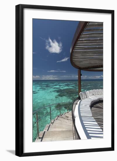 Stairs to the Beach and Sofa Overlooking the Ocean, Maldives, Indian Ocean-Sakis Papadopoulos-Framed Photographic Print