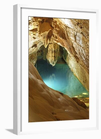 Stalactites and Turquoise Pool, Grotte De Trabuc, France-Mark Taylor-Framed Photographic Print