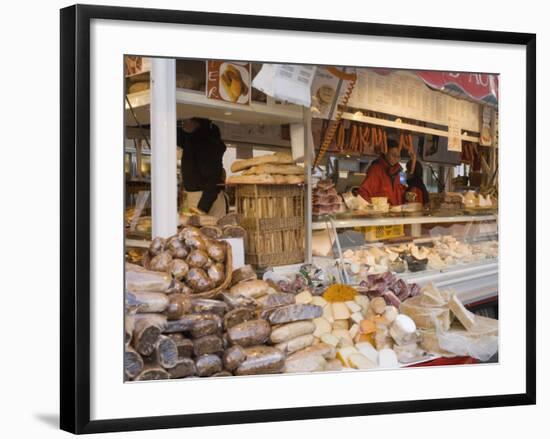 Stall Selling Cheese, Fruit Cake and Sausages at Christmas Market on Maxheinhardtplatz-Richard Nebesky-Framed Photographic Print