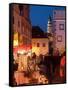 Stalls at Christmas Market With Renaissance Tower, Svornosti Square, Cesky Krumlov, Czech Republic-Richard Nebesky-Framed Stretched Canvas