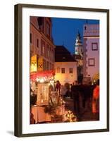 Stalls at Christmas Market With Renaissance Tower, Svornosti Square, Cesky Krumlov, Czech Republic-Richard Nebesky-Framed Photographic Print