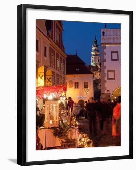 Stalls at Christmas Market With Renaissance Tower, Svornosti Square, Cesky Krumlov, Czech Republic-Richard Nebesky-Framed Photographic Print