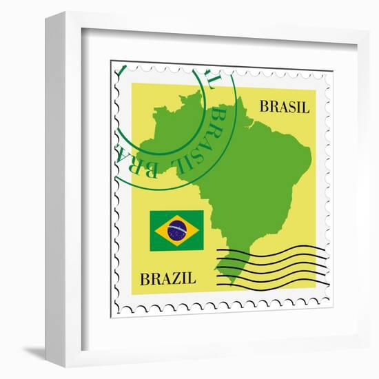 Stamp With Map And Flag Of Brazil-Perysty-Framed Art Print