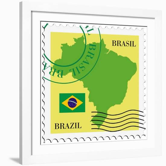 Stamp With Map And Flag Of Brazil-Perysty-Framed Art Print