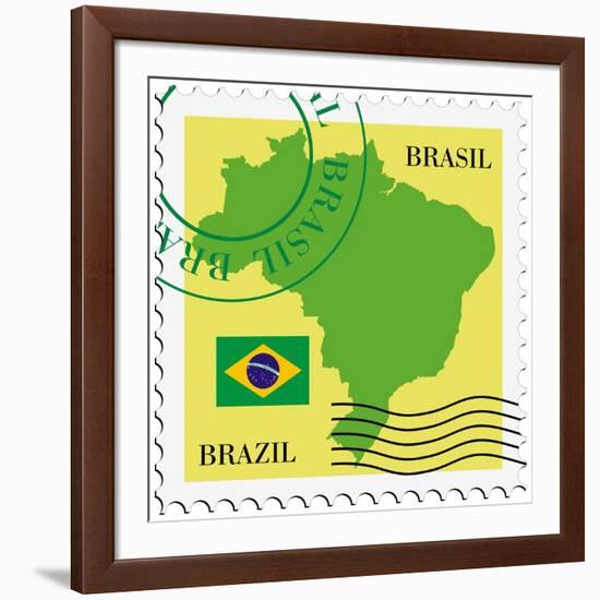 Stamp With Map And Flag Of Brazil-Perysty-Framed Art Print