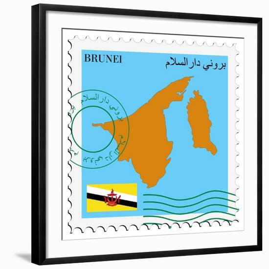 Stamp with Map and Flag of Brunei-Perysty-Framed Art Print