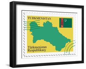 Stamp with Map and Flag of Turkmenistan-Perysty-Framed Art Print