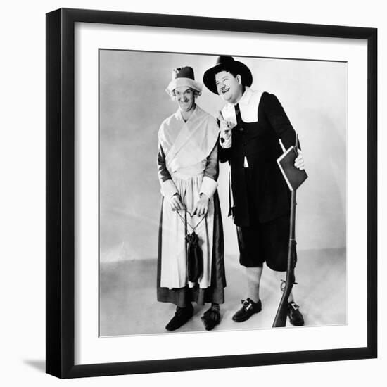 Stan Laurel and Oliver Hardy in a Thanksgiving-Themed Mgm Publicity Shot, Early 1930S-null-Framed Photo