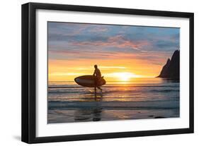 Stand up paddle boarder man admiring midnight sun walking back to the beach-Roberto Moiola-Framed Photographic Print