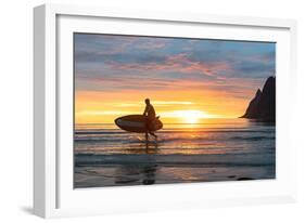 Stand up paddle boarder man admiring midnight sun walking back to the beach-Roberto Moiola-Framed Photographic Print