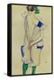 Standing Girl in Blue Dress and Green Stockings, 1913-Egon Schiele-Framed Stretched Canvas