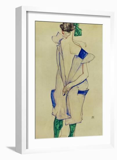Standing Girl in Blue Dress and Green Stockings, 1913-Egon Schiele-Framed Giclee Print