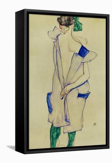 Standing Girl in Blue Dress and Green Stockings, 1913-Egon Schiele-Framed Stretched Canvas