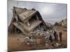 Standing in the Rubble of their Destroyed House, Palestinians Look Up at an Israeli Air Force Drone-null-Mounted Photographic Print