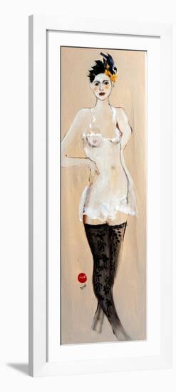 Standing Nude in Black Stockings with Flower and Bird in Hair, (II) 2015-Susan Adams-Framed Premium Giclee Print