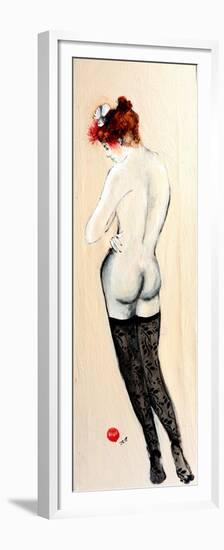 Standing Nude in Black Stockings with Flower in Hair and Bird, (I) 2015-Susan Adams-Framed Premium Giclee Print