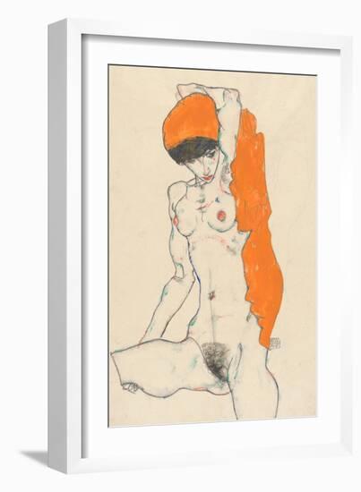 Standing Nude with Orange Drapery, 1914-Egon Schiele-Framed Premium Giclee Print