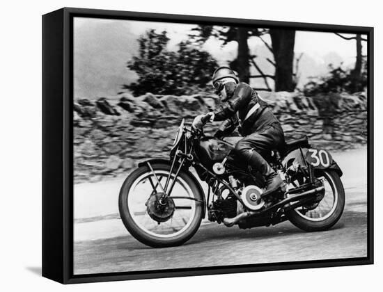 Stanley Woods on Moto Guzzi in 1935 Isle of Man, Senior TT Race-null-Framed Stretched Canvas