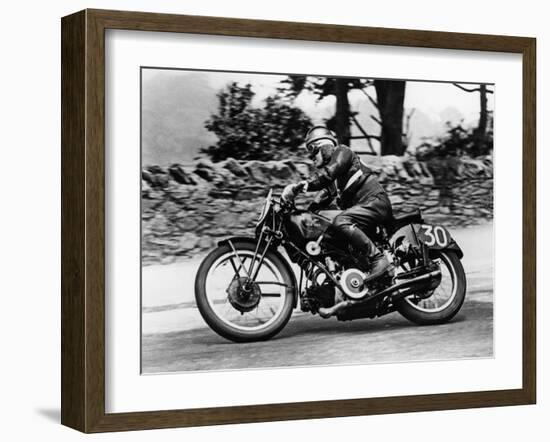 Stanley Woods on Moto Guzzi in 1935 Isle of Man, Senior TT Race-null-Framed Photographic Print