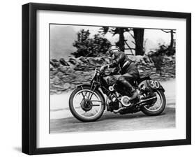 Stanley Woods on Moto Guzzi in 1935 Isle of Man, Senior TT Race-null-Framed Photographic Print