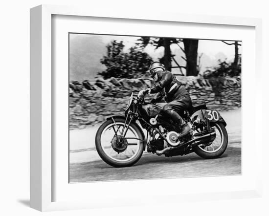 Stanley Woods on Moto Guzzi in 1935 Isle of Man, Senior TT Race-null-Framed Photographic Print