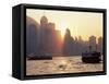 Star Ferries, Victoria Harbour and Hong Kong Island Skyline at Sunset, Hong Kong, China, Asia-Amanda Hall-Framed Stretched Canvas