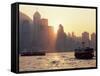 Star Ferries, Victoria Harbour and Hong Kong Island Skyline at Sunset, Hong Kong, China, Asia-Amanda Hall-Framed Stretched Canvas