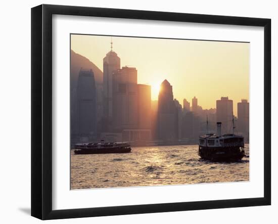 Star Ferries, Victoria Harbour and Hong Kong Island Skyline at Sunset, Hong Kong, China, Asia-Amanda Hall-Framed Photographic Print