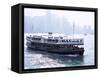 Star Ferry, Victoria Harbour, with Hong Kong Island Skyline in Mist Beyond, Hong Kong, China, Asia-Amanda Hall-Framed Stretched Canvas