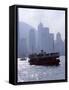 Star Ferry, Victoria Harbour, with Hong Kong Island Skyline in Mist Beyond, Hong Kong, China, Asia-Amanda Hall-Framed Stretched Canvas