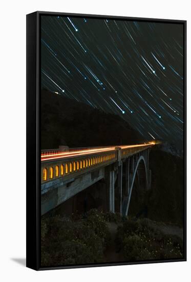 Star trails and light trails over the Big Sur's Bixby Creek Bridge near Monterey, California-David Chang-Framed Stretched Canvas