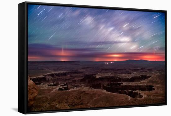 Star trails and Milky Way from Grand View point in Canyonland National Park near Moab, Utah-David Chang-Framed Stretched Canvas