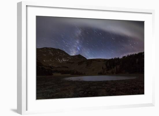 Star Trails and the Blurred Band of the Milky Way Above a Lake in the Eastern Sierra Nevada-null-Framed Photographic Print