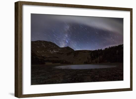 Star Trails and the Blurred Band of the Milky Way Above a Lake in the Eastern Sierra Nevada-null-Framed Photographic Print