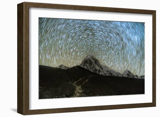 Star trails over Pumori Peak in the Himalayas, Nepal hiking to Everest Base Camp from Gorak Shep-David Chang-Framed Photographic Print