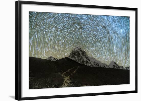 Star trails over Pumori Peak in the Himalayas, Nepal hiking to Everest Base Camp from Gorak Shep-David Chang-Framed Photographic Print