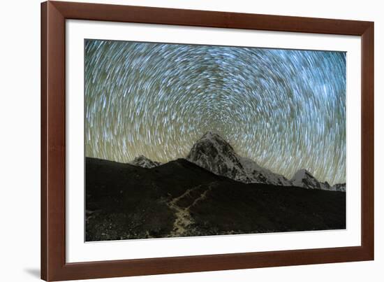 Star trails over Pumori Peak in the Himalayas, Nepal hiking to Everest Base Camp from Gorak Shep-David Chang-Framed Photographic Print