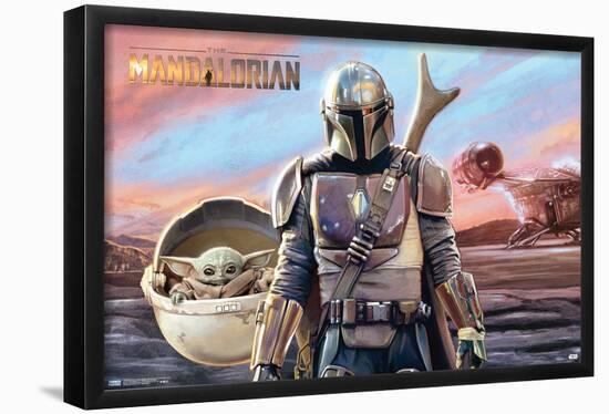 Star Wars: The Mandalorian - Mando and The Child with Ship-Trends International-Framed Poster