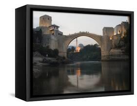 Stari Most Peace Bridge and Reflection of Mosque on Neretva River, Bosnia, Bosnia-Herzegovina-Christian Kober-Framed Stretched Canvas