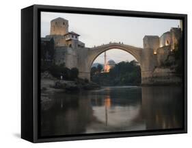 Stari Most Peace Bridge and Reflection of Mosque on Neretva River, Bosnia, Bosnia-Herzegovina-Christian Kober-Framed Stretched Canvas