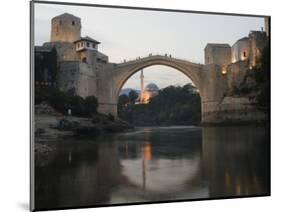 Stari Most Peace Bridge and Reflection of Mosque on Neretva River, Bosnia, Bosnia-Herzegovina-Christian Kober-Mounted Photographic Print