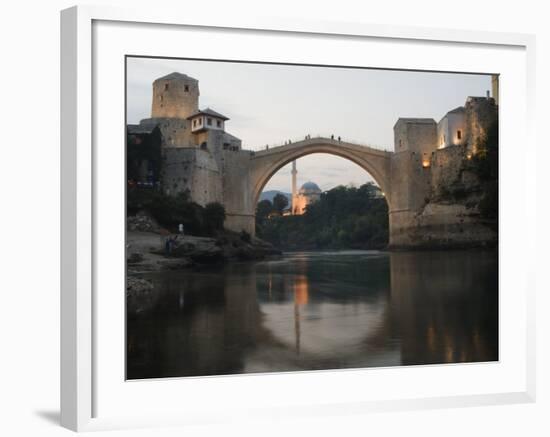 Stari Most Peace Bridge and Reflection of Mosque on Neretva River, Bosnia, Bosnia-Herzegovina-Christian Kober-Framed Photographic Print