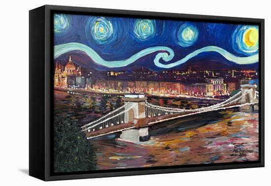 Starry Night in Budapest Hungary with Danube-Martina Bleichner-Framed Stretched Canvas