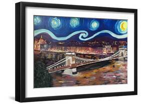 Starry Night in Budapest Hungary with Danube-Martina Bleichner-Framed Art Print