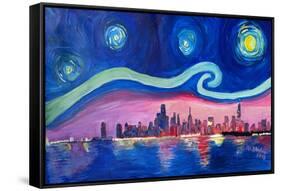 Starry Night in Chicago Illinois with Lake Michiga-Martina Bleichner-Framed Stretched Canvas