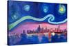 Starry Night in Chicago Illinois with Lake Michiga-Martina Bleichner-Stretched Canvas